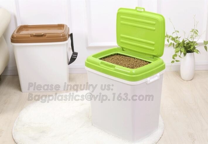 Contenedor de almacenamiento de alimento para animales libre de BPA con las ruedas, contenedor de almacenamiento de alimento para animales plástico de la promoción con el envase del cuenco, invitación