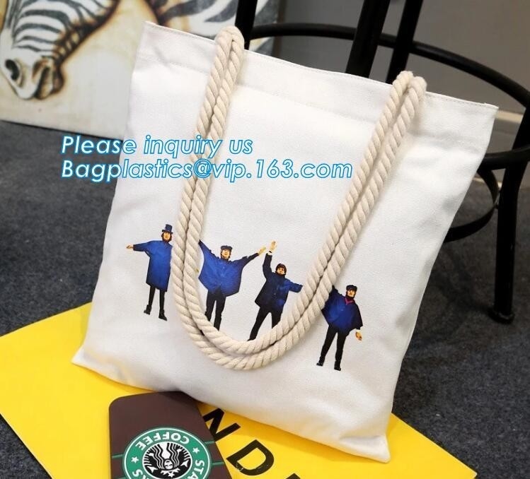 Venta al por mayor de encargo de la bolsa de asas de la lona de la impresión de la manija de la cuerda de las mujeres de la bolsa de asas de la playa, la bolsa de asas en blanco llana barata de la lona promocional