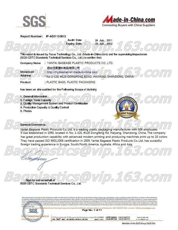 CHINA YANTAI BAGEASE BIODEGRADABLE COMPOSTABLE PRODUCTS CO.,LTD. Certificaciones